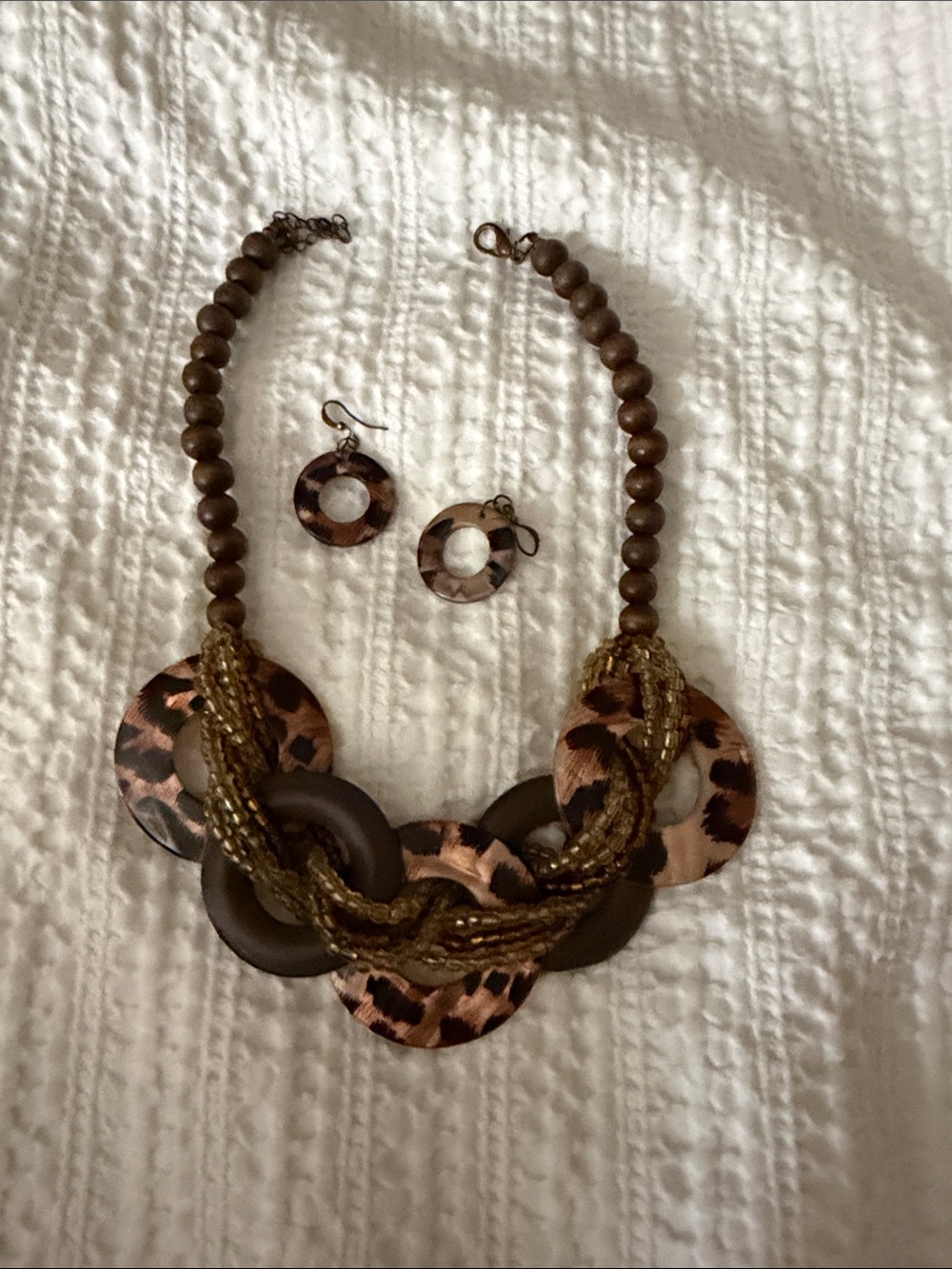 Macy's Brown Leopard & Gold-Tone Multi-Ring Necklace with Matching Earrings